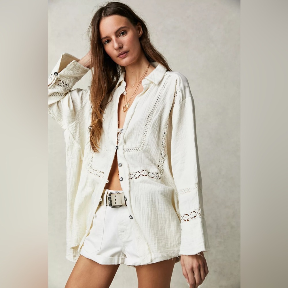 Free people We The Free Off-White Crochet Trim Button Shirt